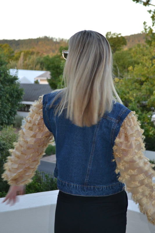Golden Fringe Organza Sleeves Denim Jacket
