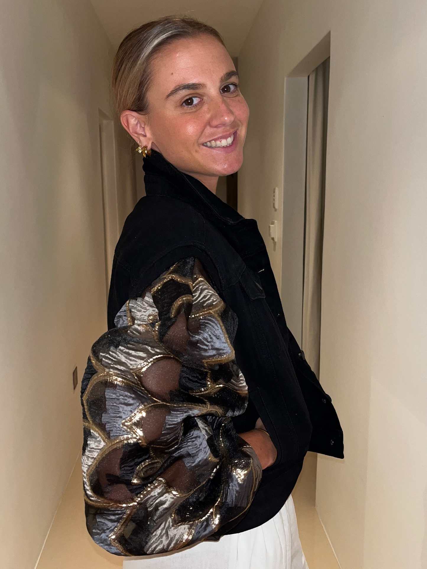 Black/Gold Brocade Sleeves Denim Jacket