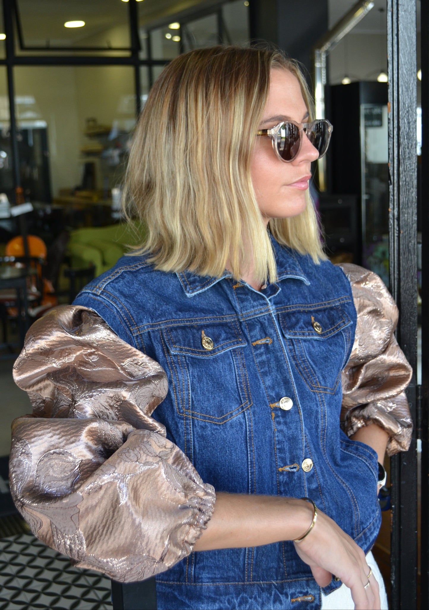 Bronze Brocade Sleeves Denim Jacket