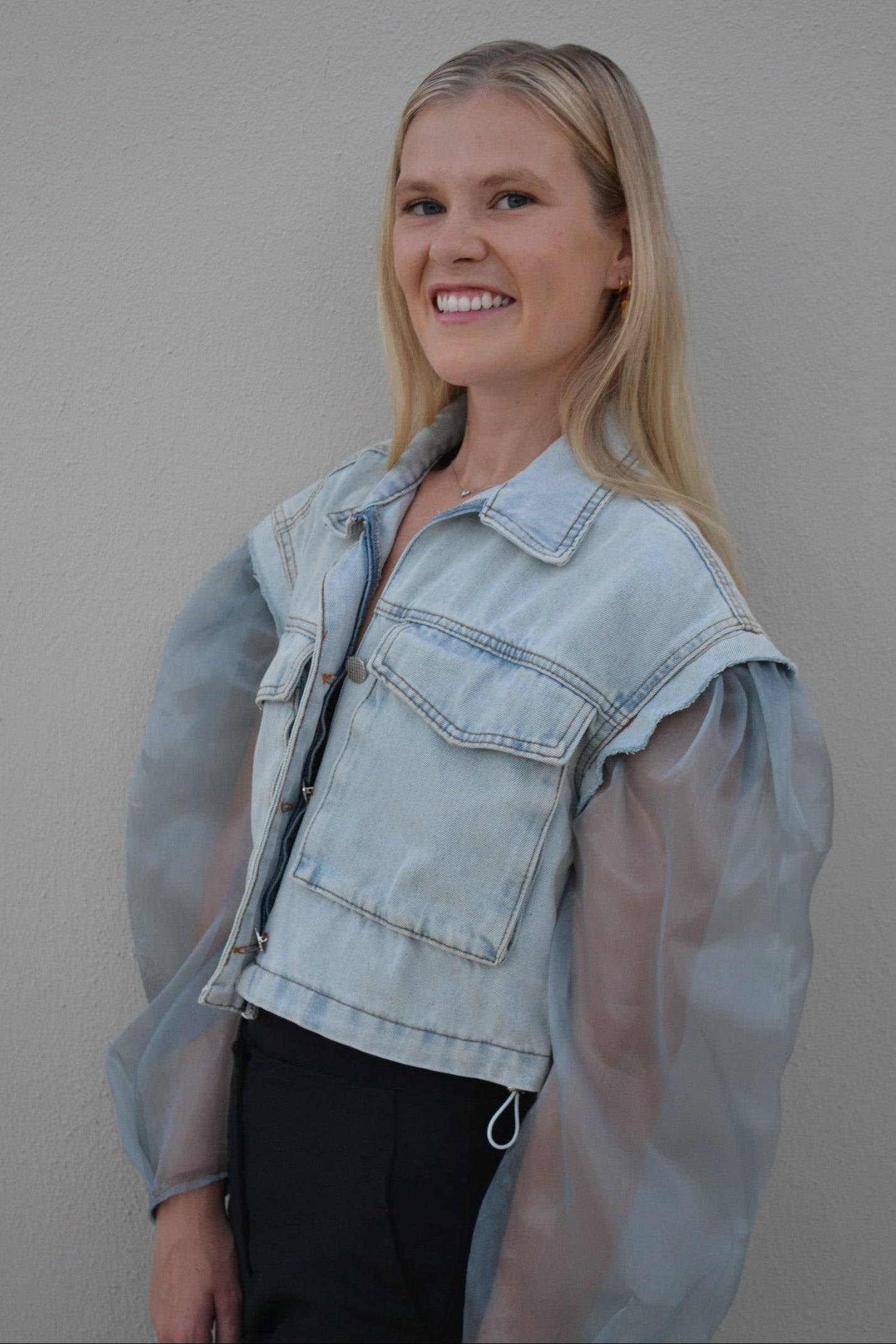 Blue Organza Sleeves Denim Jacket
