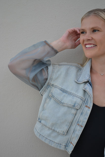 Blue Organza Sleeves Denim Jacket