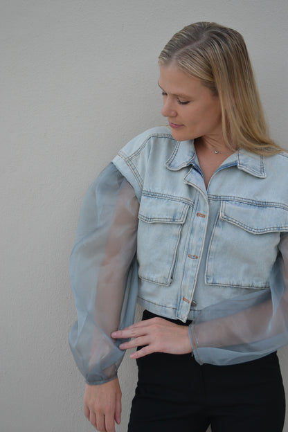Blue Organza Sleeves Denim Jacket