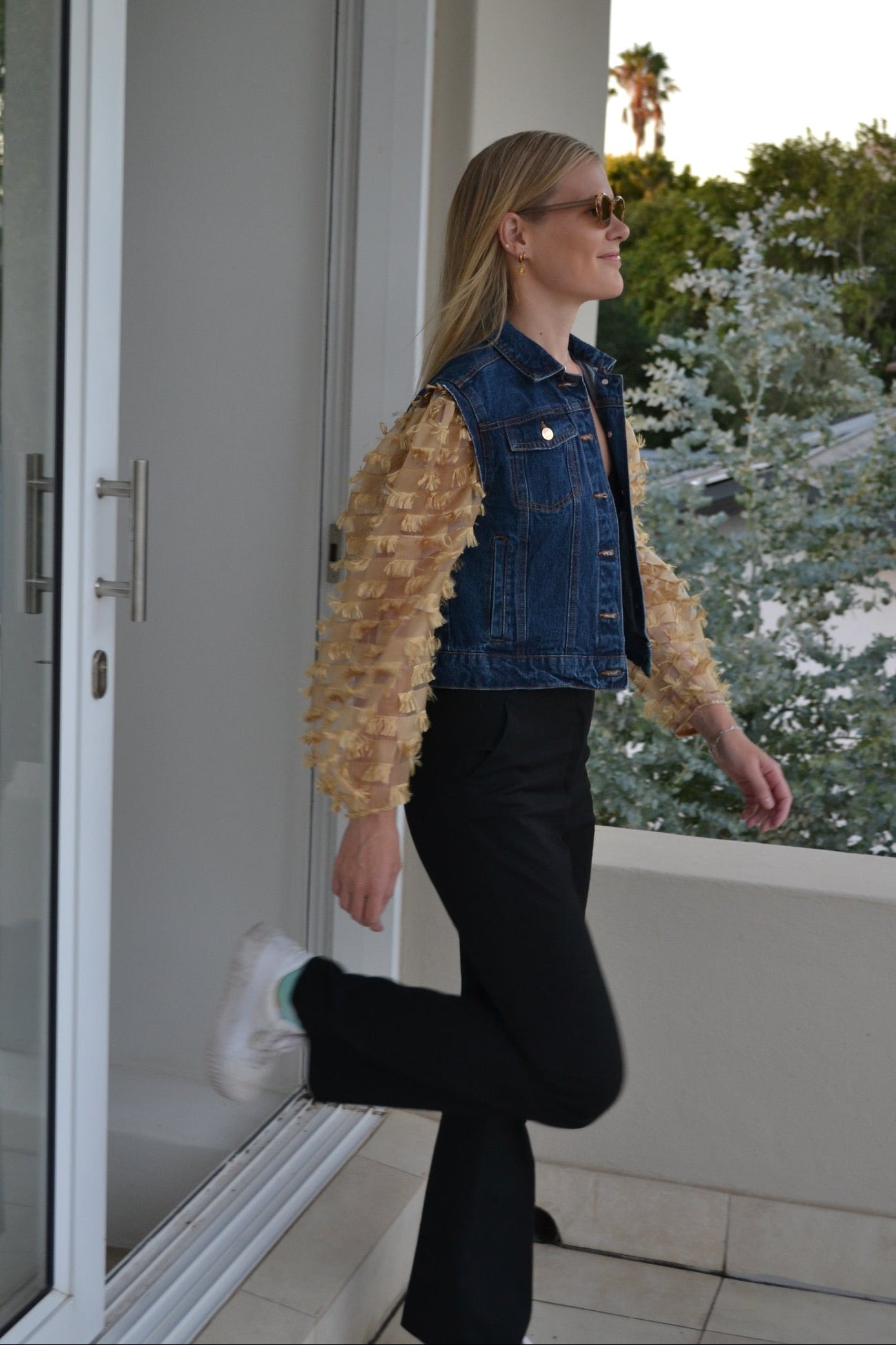 Golden Fringe Organza Sleeves Denim Jacket