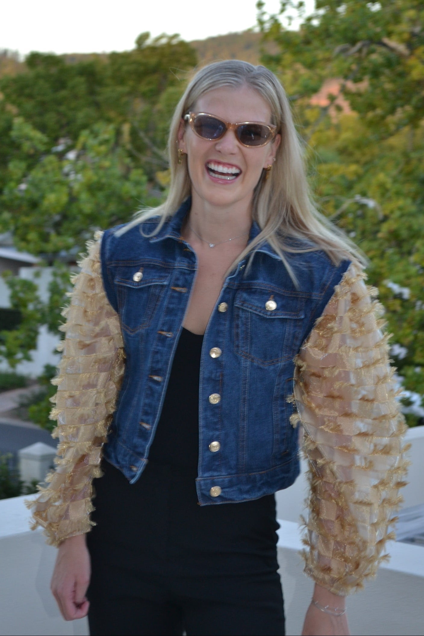 Golden Fringe Organza Sleeves Denim Jacket
