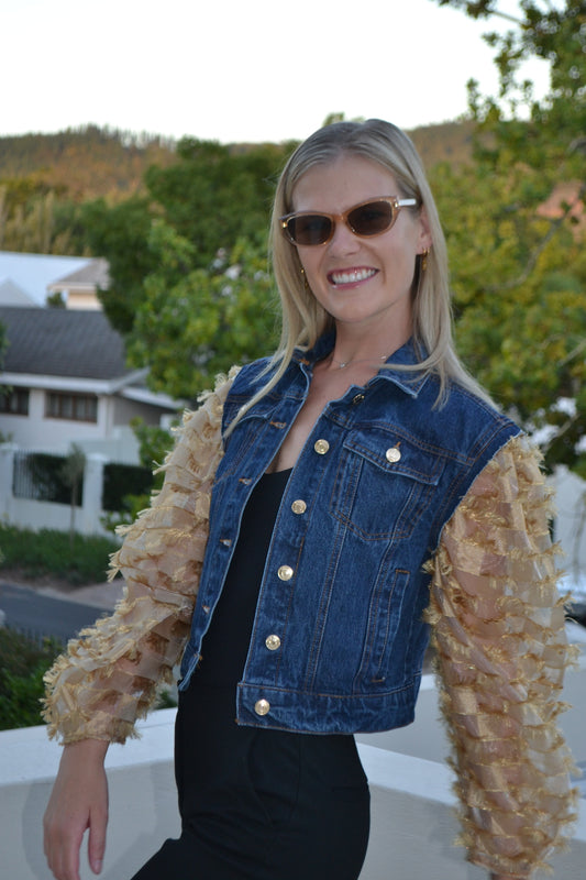 Golden Fringe Organza Sleeves Denim Jacket