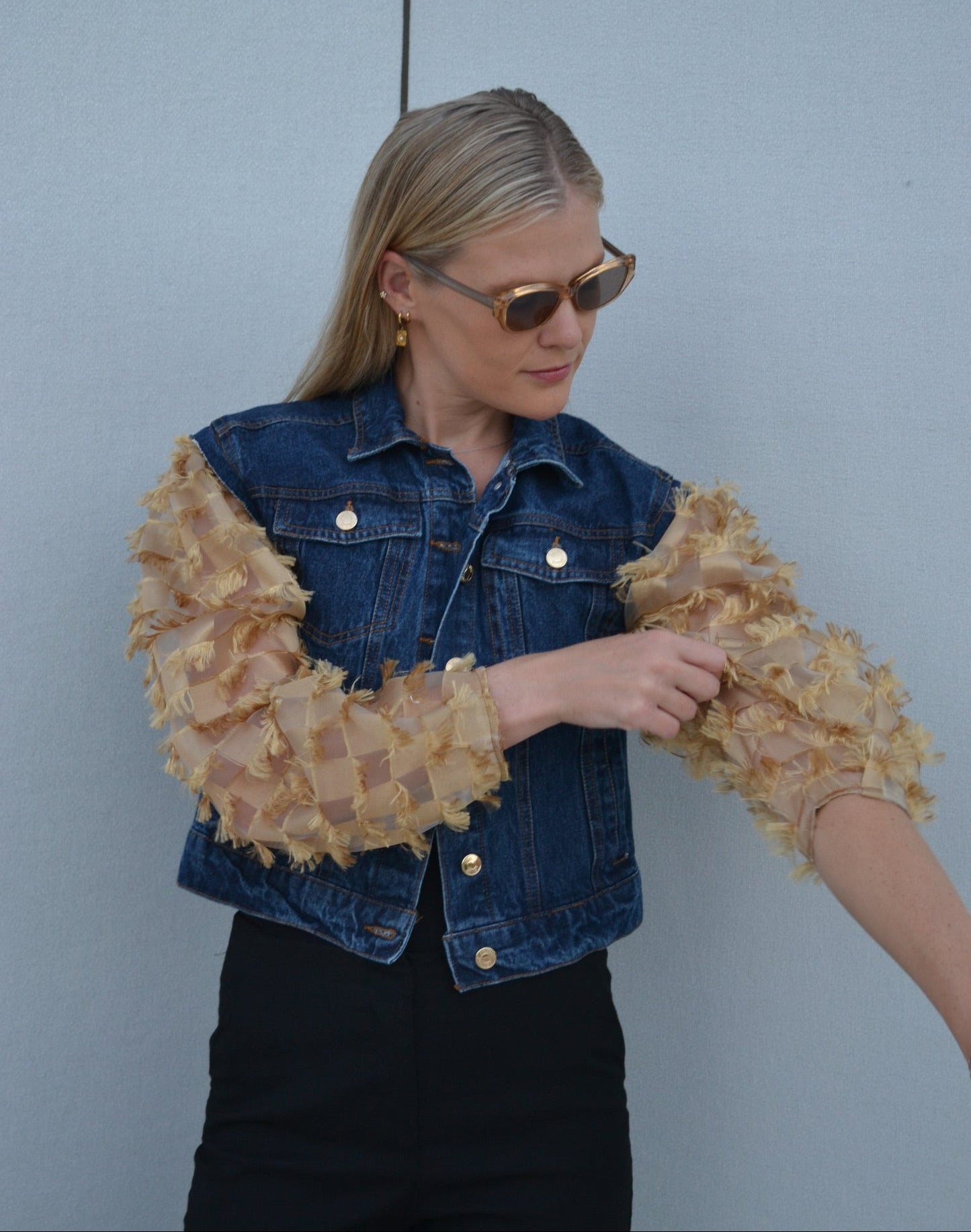 Golden Fringe Organza Sleeves Denim Jacket
