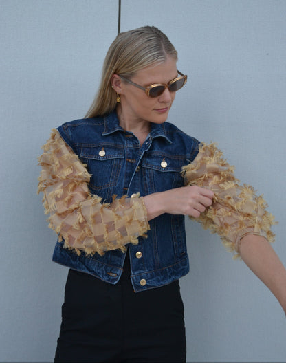 Golden Fringe Organza Sleeves Denim Jacket