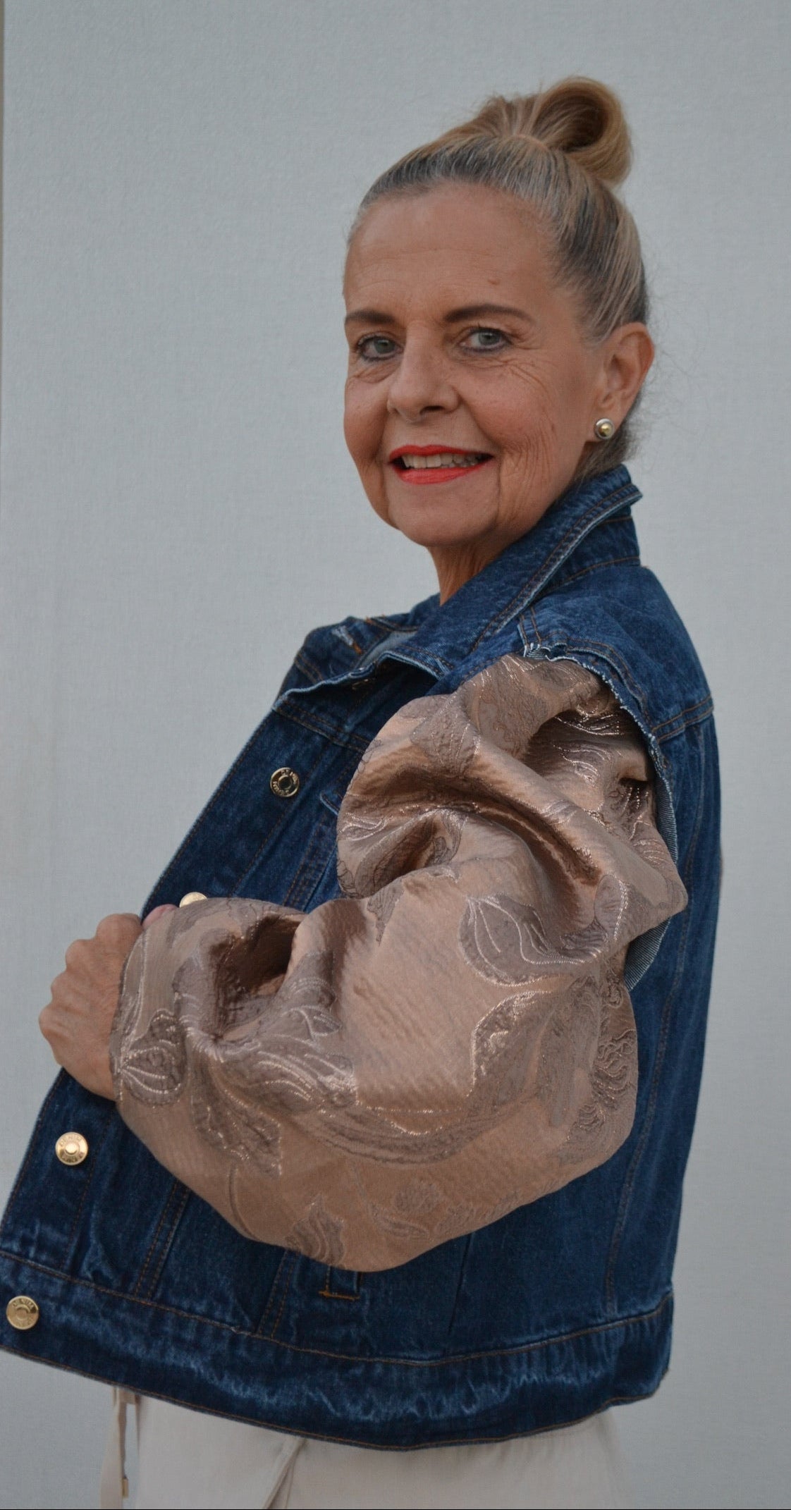 Bronze Brocade Sleeves Denim Jacket