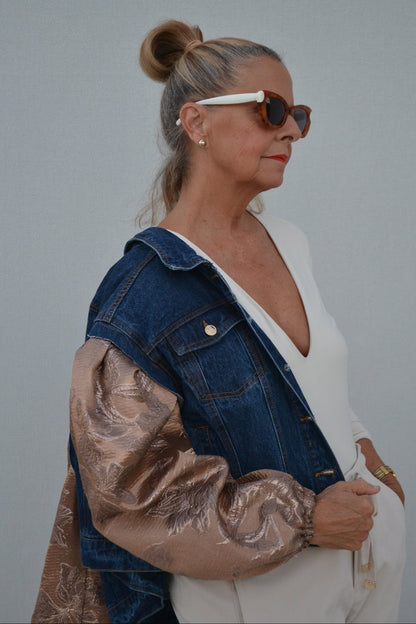 Bronze Brocade Sleeves Denim Jacket