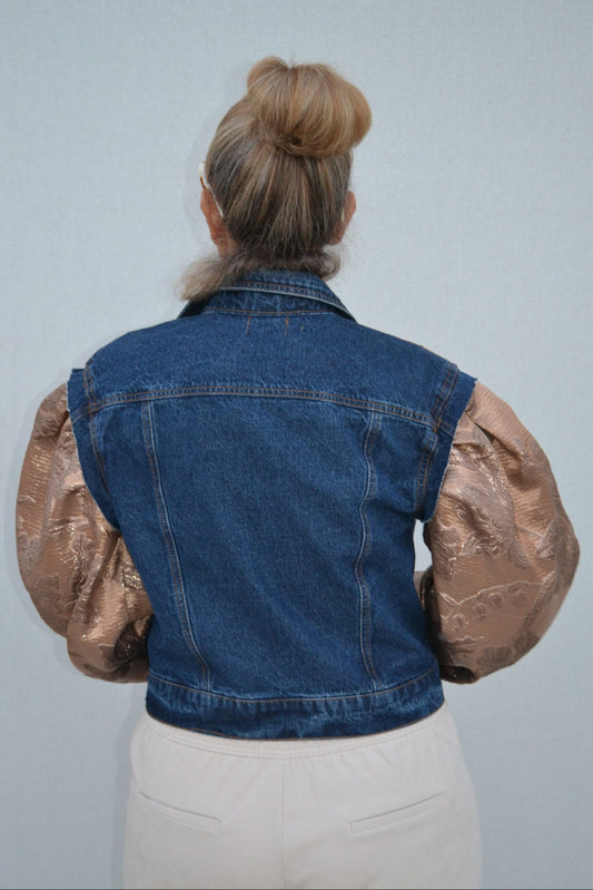 Bronze Brocade Sleeves Denim Jacket