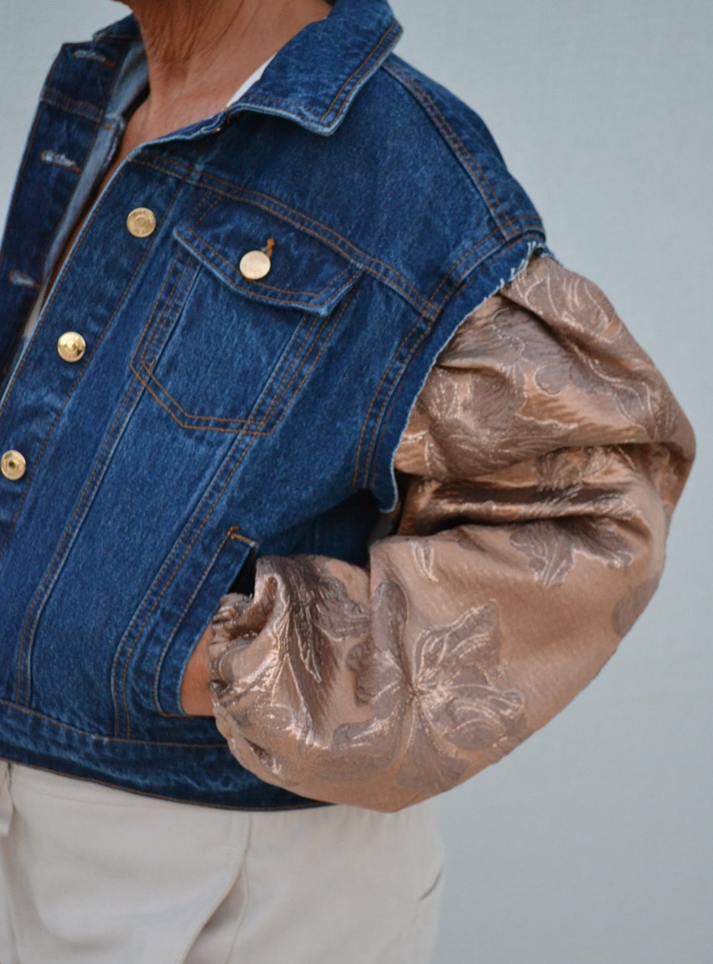 Bronze Brocade Sleeves Denim Jacket