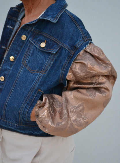 Bronze Brocade Sleeves Denim Jacket