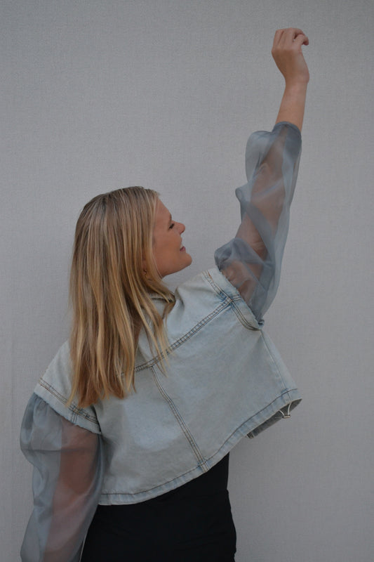 Blue Organza Sleeves Denim Jacket