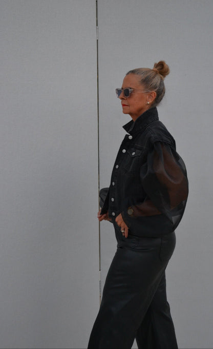 Black Organza Sleeves Denim Jacket