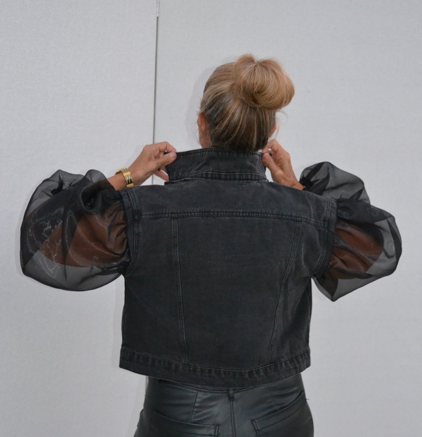 Black Organza Sleeves Denim Jacket