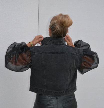 Black Organza Sleeves Denim Jacket