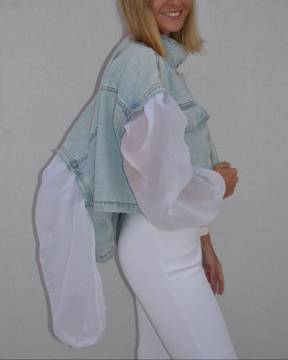 White Organza Sleeves Denim Jacket