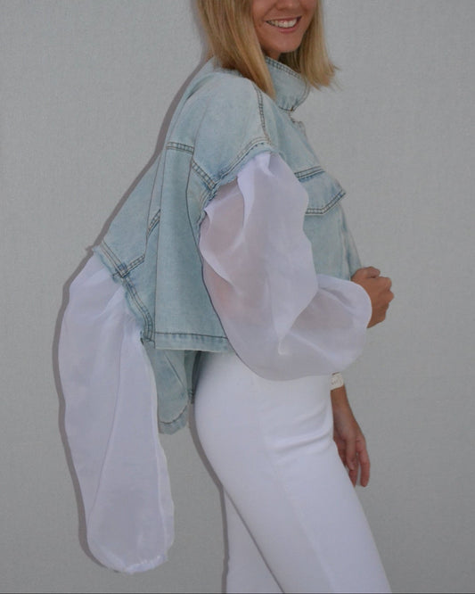 White Organza Sleeves Denim Jacket