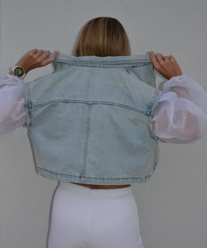 White Organza Sleeves Denim Jacket