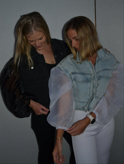 White Organza Sleeves Denim Jacket