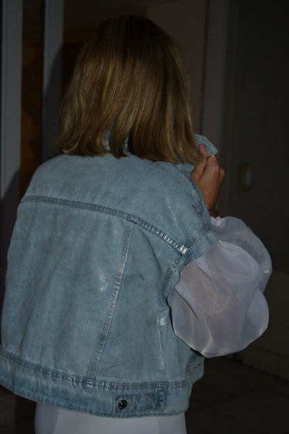 White Organza Sleeves Silver Denim Jacket