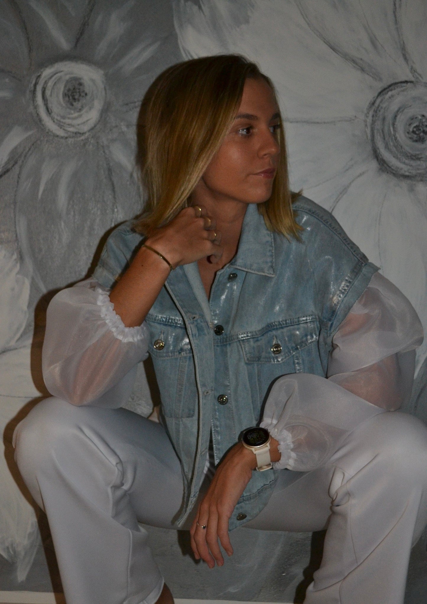White Organza Sleeves Silver Denim Jacket