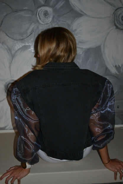 Charcoal Organza Sleeves Denim Jacket