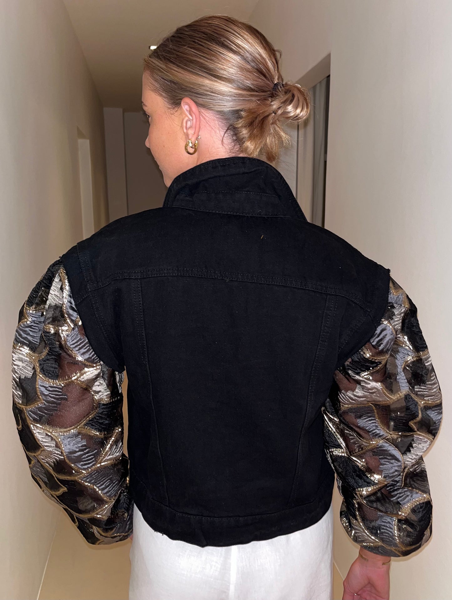 Black/Gold Brocade Sleeves Denim Jacket