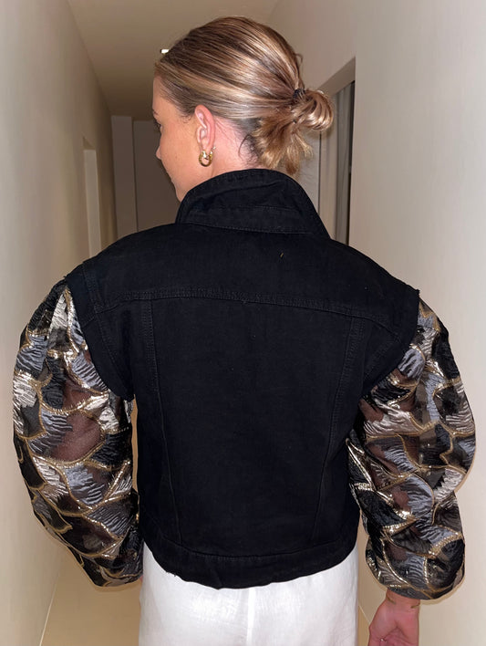 Black/Gold Brocade Sleeves Denim Jacket
